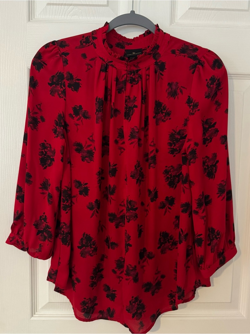 Worthington Red Blouse with Black Floral Print